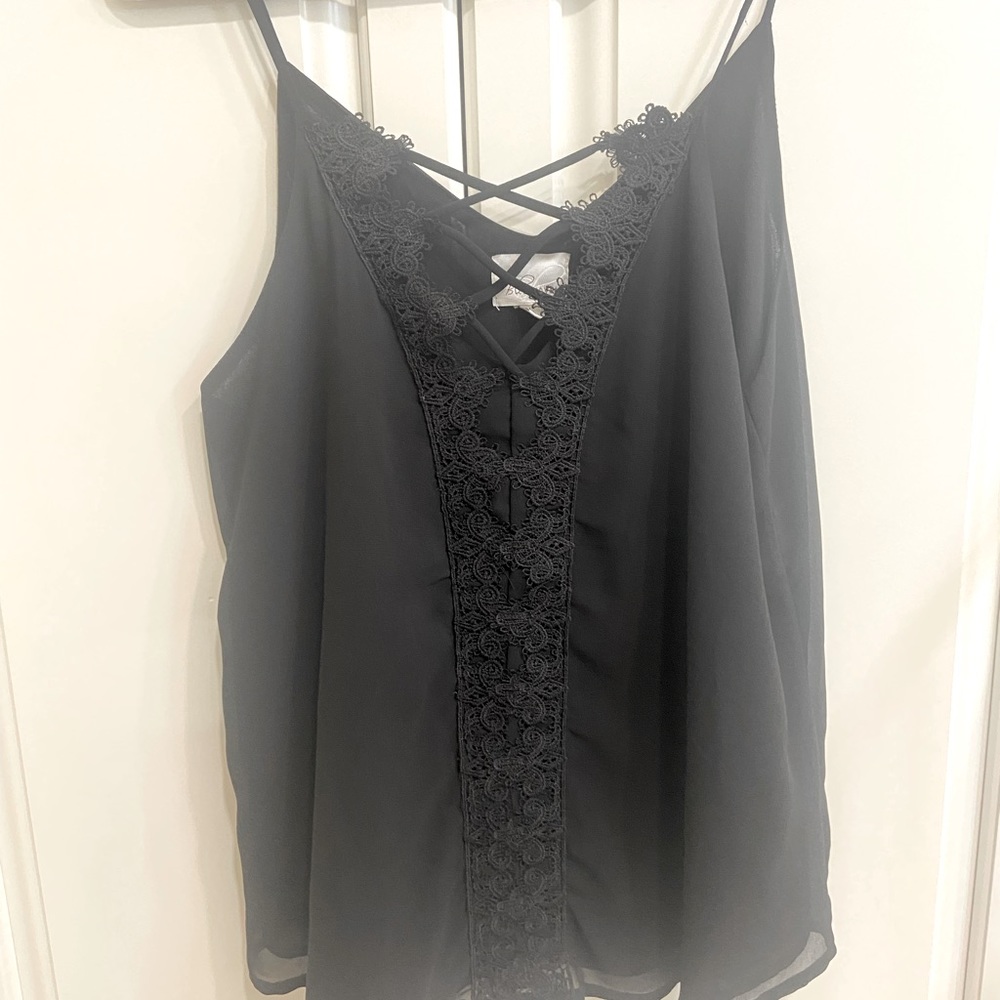 Black tank top blouse with lace detailing, size large